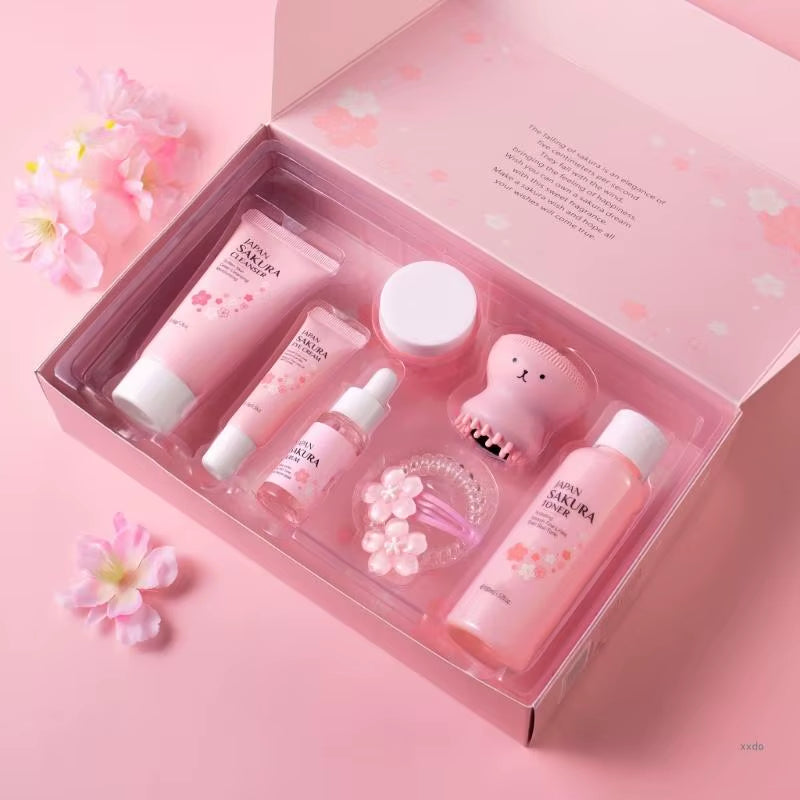 8 Pcs Skincare Set Flower Skincare Set with Cleanser Toner Serums Eye Cream Essences Cream Hair Clip Women Present Set