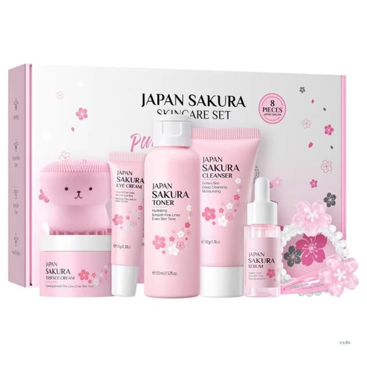 8 Pcs Skincare Set Flower Skincare Set with Cleanser Toner Serums Eye Cream Essences Cream Hair Clip Women Present Set