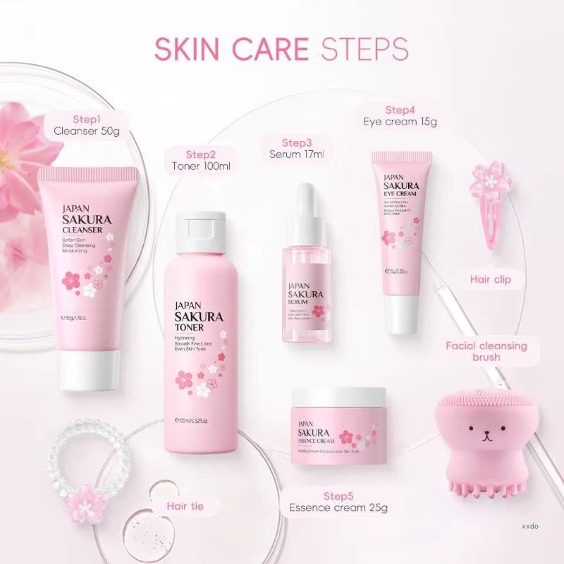 8 Pcs Skincare Set Flower Skincare Set with Cleanser Toner Serums Eye Cream Essences Cream Hair Clip Women Present Set