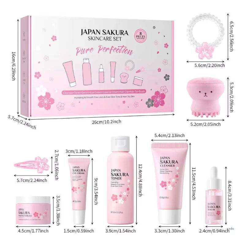 8 Pcs Skincare Set Flower Skincare Set with Cleanser Toner Serums Eye Cream Essences Cream Hair Clip Women Present Set